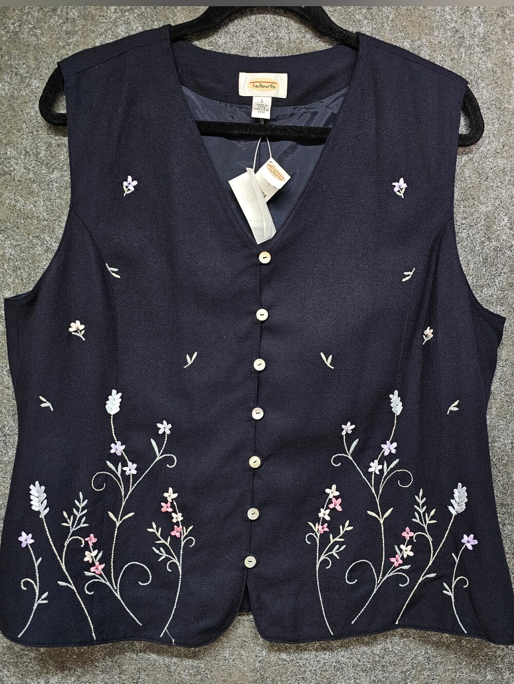 Vintage Talbots Embroidered Floral Ribbon Vest, Navy, Rayon Linen, Size Large